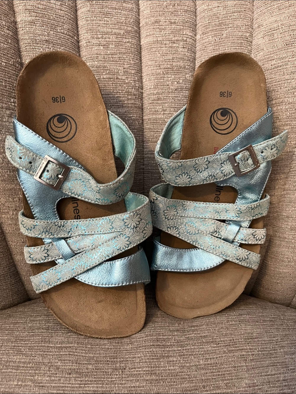 Women’s Metallic Irridesent Sheen Light Blue Floral Strappy Slide Sandals